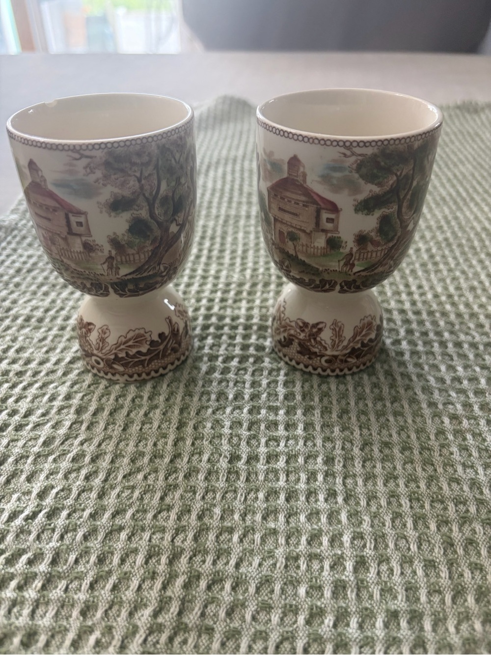 Vintage Johnson Brothers Brown and Green Scenic Transferware Egg Cups - Pair